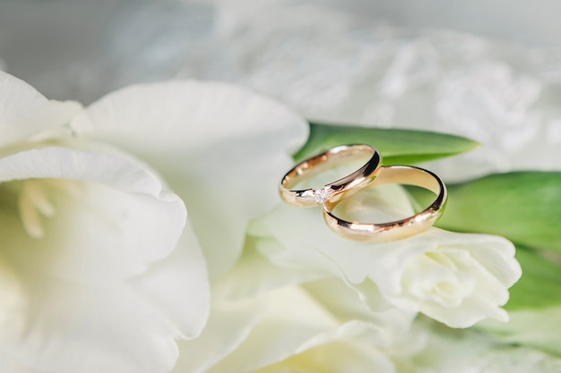 Wedding rings of gold lie on the surface