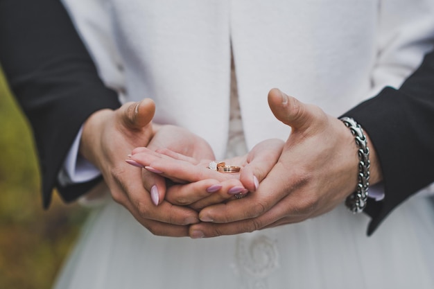 Wedding rings in the hands of the newlyweds 2486