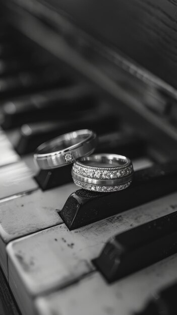 Photo wedding rings on piano keys black and white photography