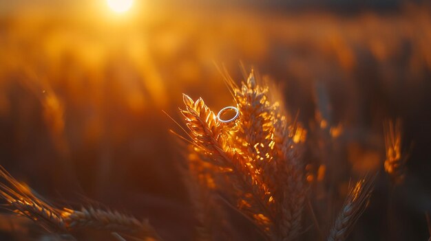 Photo wedding rings in a wheat field at sunset