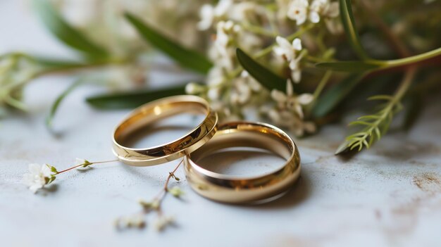 Wedding rings on a white background adorned with floral decor