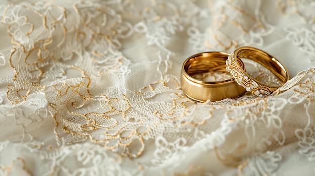 wedding rings on a white cloth with gold accents