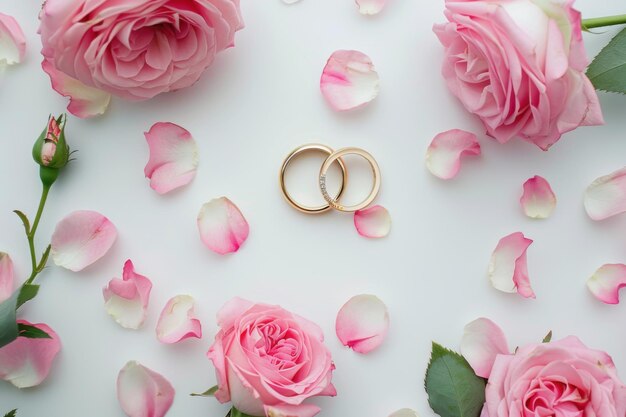 Photo wedding rings with pink roses romantic floral arrangement for elegant wedding decor and love