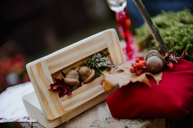 Wedding rings in a wooden box with acorns. Wedding ceremony. Rings on the stump.