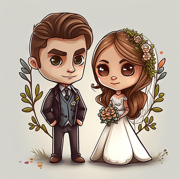 Wedding romantic man and woman scene bride and groom couple on marriage party ai generated characters Newlywed spouse in wedding gowns cartoon anniversary celebration