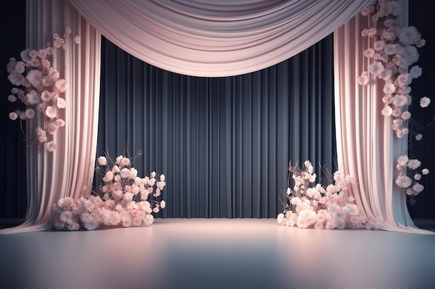 a wedding room with stage space with flowers pink walls and lighting