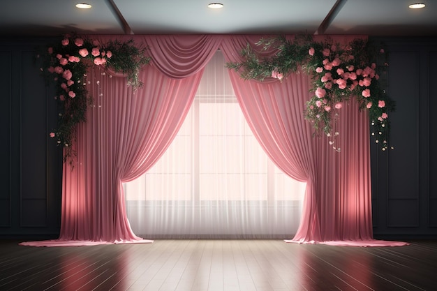 a wedding room with stage space with flowers and pink walls and lighting