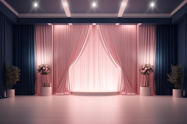 a wedding room with stage space with flowers and pink walls and lighting