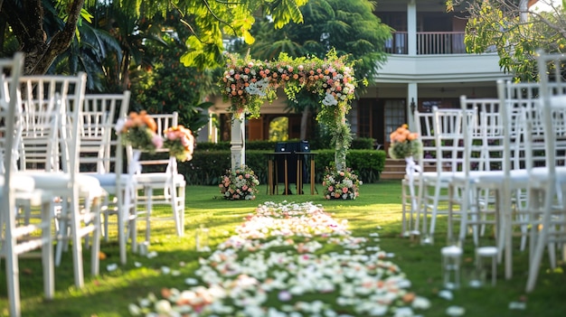 Photo wedding setup features outdoor arch and floral decorations