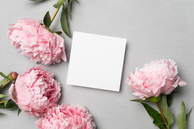 Wedding square paper card mockup with peony flowers