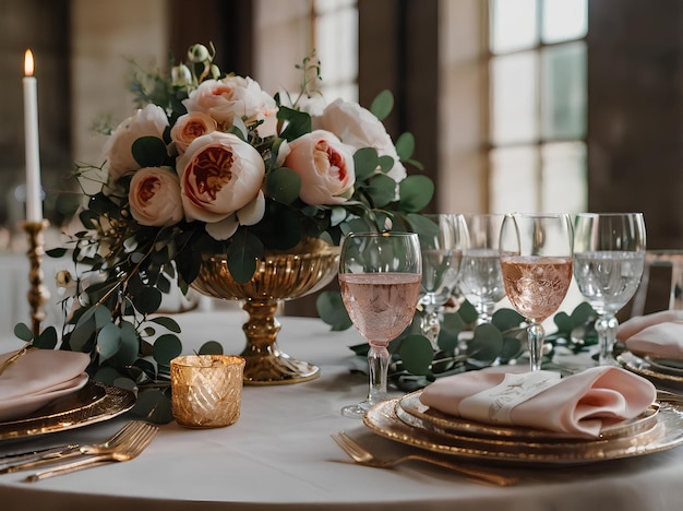 Photo a wedding table centerpiece featuring a lush bouquet of roses peonies and eucalyptus