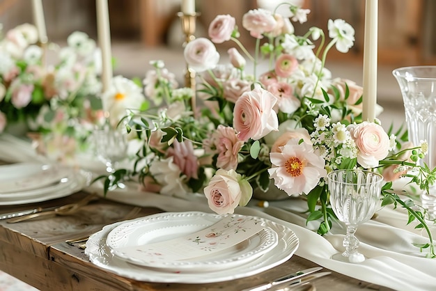 Photo wedding table decoration with flowers and candles closeup