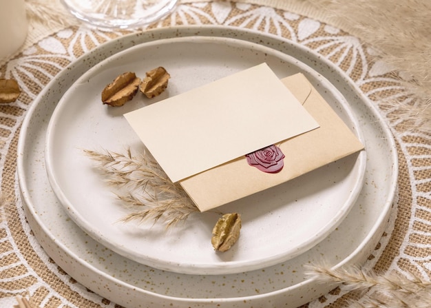 Wedding table place on bohemian placemat with horizontal blank card close up. Boho wedding card mockup. Tropical beige template with dried plants, palm leaves and pampas grass