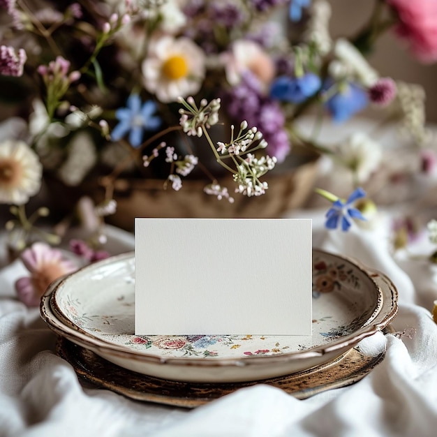 Photo wedding table place with a card on porcelain plates with pink flowers and top view