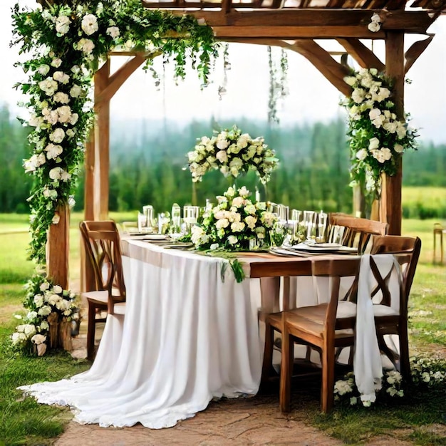 Photo a wedding table set up with flowers and a white table cloth