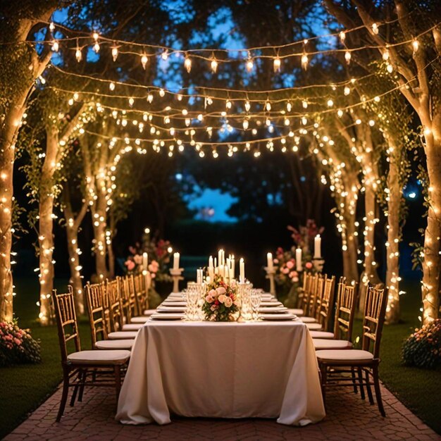 a wedding table set up with lights around it