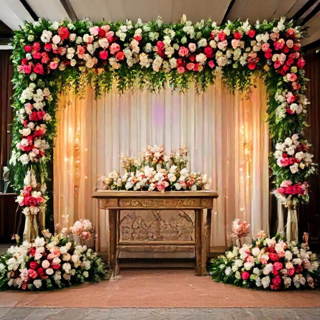 a wedding venue with flowers and a table with a cross on it