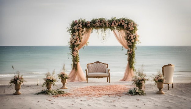 a wedding with flowers and a chair on the beach