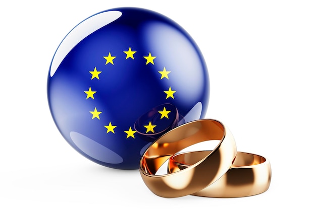 Weddings in the European Union concept Wedding rings with The EU flag 3D rendering