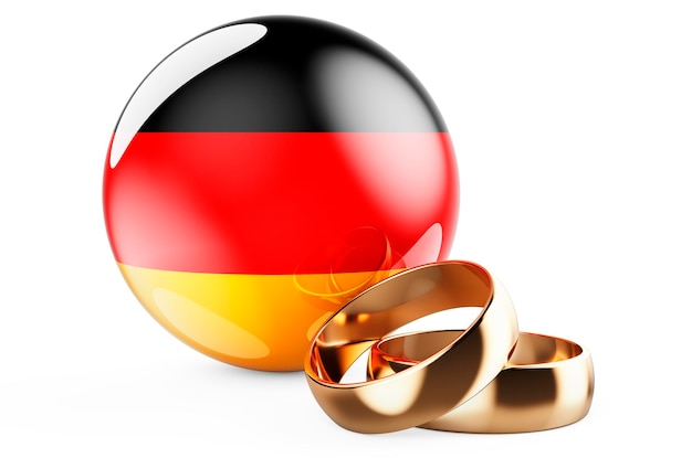 Weddings in Germany concept Wedding rings with German flag 3D rendering