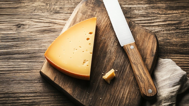 A wedge of swiss cheese on a wooden cutting board with a knife next to it