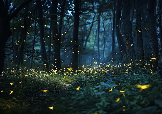 Wee fireflies enchanted forest illuminating night