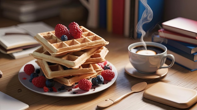 Weekend Brunch Bliss Indulge in Homemade Waffles with Berries Books and Coffee