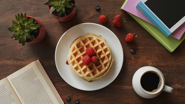 Weekend Brunch Bliss Indulge in Homemade Waffles with Berries Books and Coffee