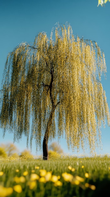 Photo the weeping willow sways softly by the water sunlight filtering through its leaves