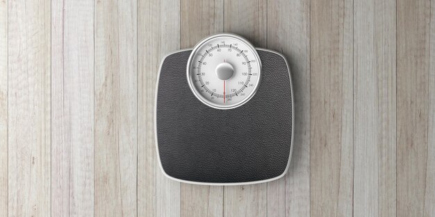 Photo weighing scale isolated on wooden background 3d illustration