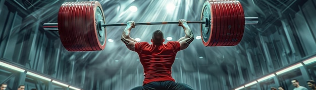 Weightlifter lifting a recordbreaking weight overhead motion blur of the barbell hyperrealistic with intense overhead lighting