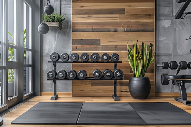 Weights and more accessories on floor for fitness modern home