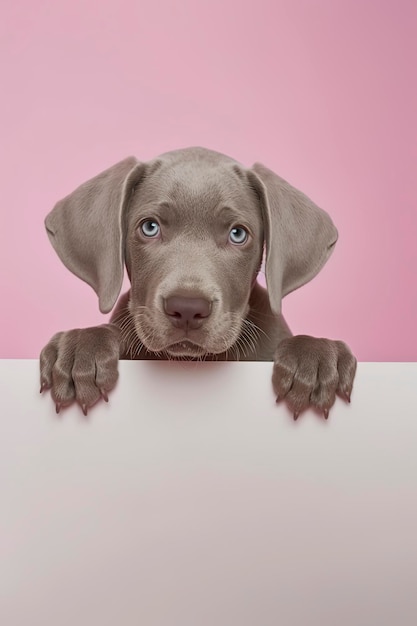 Photo weimaraner puppy peeking over the edge of an empty blank white billboard