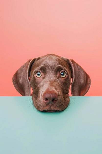 Photo weimaraner puppy peeking over the edge of an empty blank white billboard