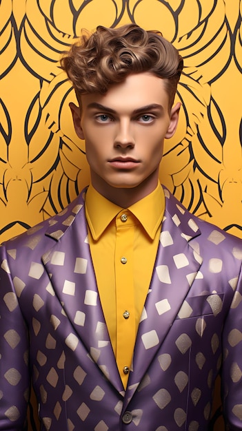 weird strange symmetrical male model with lavender and golden background