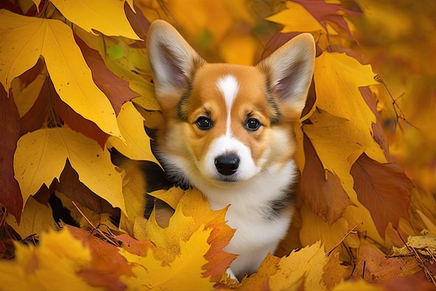 Welch Corgi puppy in the leaves of fall