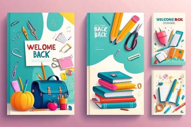 Welcome back to school cover background vector set Cute childhood illustration with student