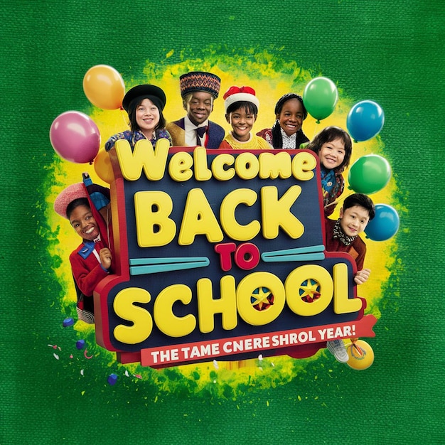 Welcome back to school doodle text with rocket launch learning items in chalkboard background