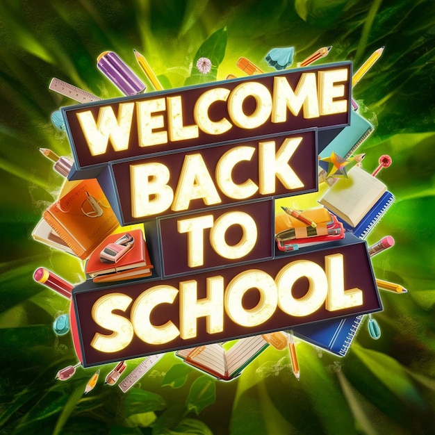 Welcome back to school doodle text with rocket launch learning items in chalkboard background