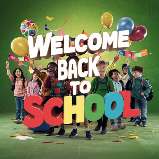 Welcome back to school doodle text with rocket launch learning items in chalkboard background