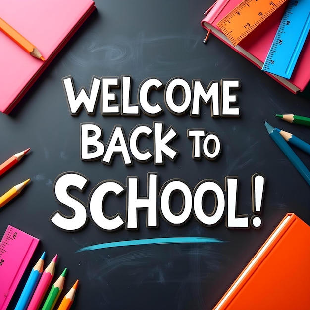 Photo welcome back to school fun and colorful classroom supplies design