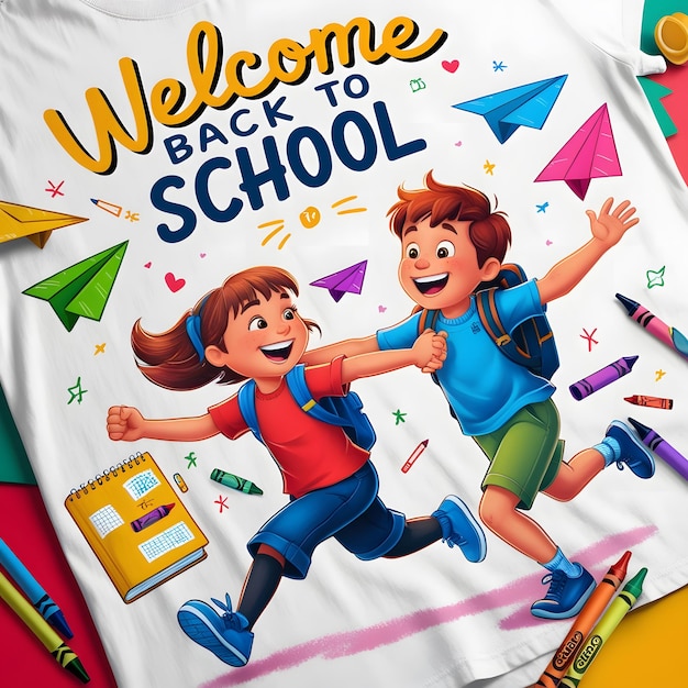 Welcome Back to School in a fun handwritten style with a cheerful boy and girl running towards