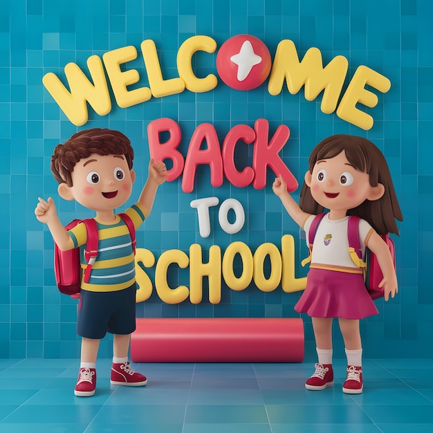 Welcome Back to School in a fun handwritten style with a cheerful boy and girl running towards