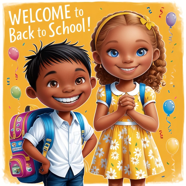 Welcome back to school lettering cheeful boy and girl