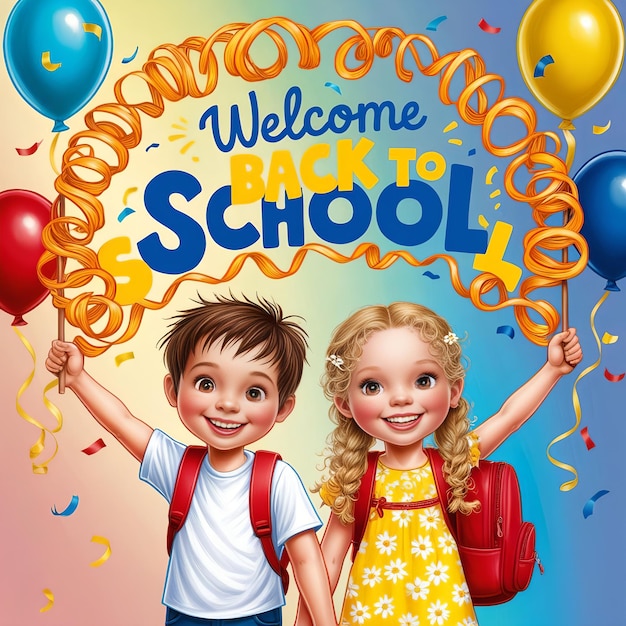 Welcome back to school lettering cheerful boy and girl use unique