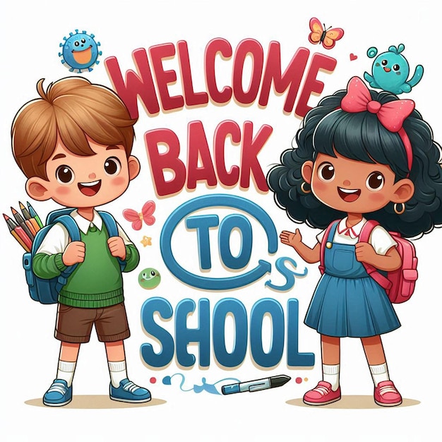 Welcome back to school lettering cheerful boy and girl