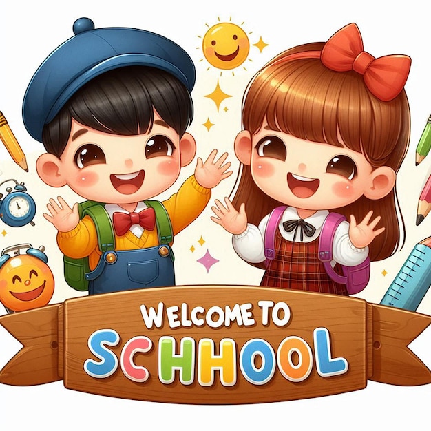 Welcome back to school lettering cheerful boy and girl