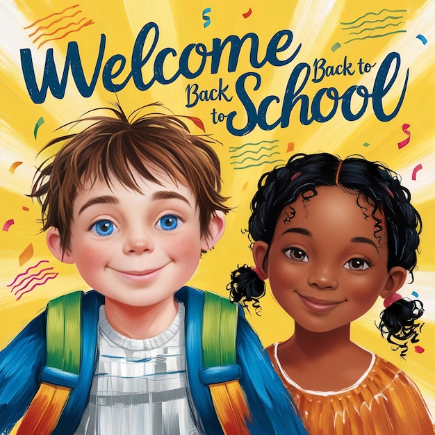 Welcome back to school lettering cheerful boy and girl