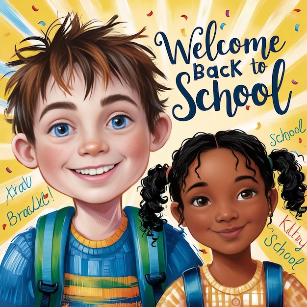 Welcome back to school lettering cheerful boy and girl