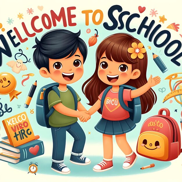 Welcome back to school lettering cheerful boy and girl